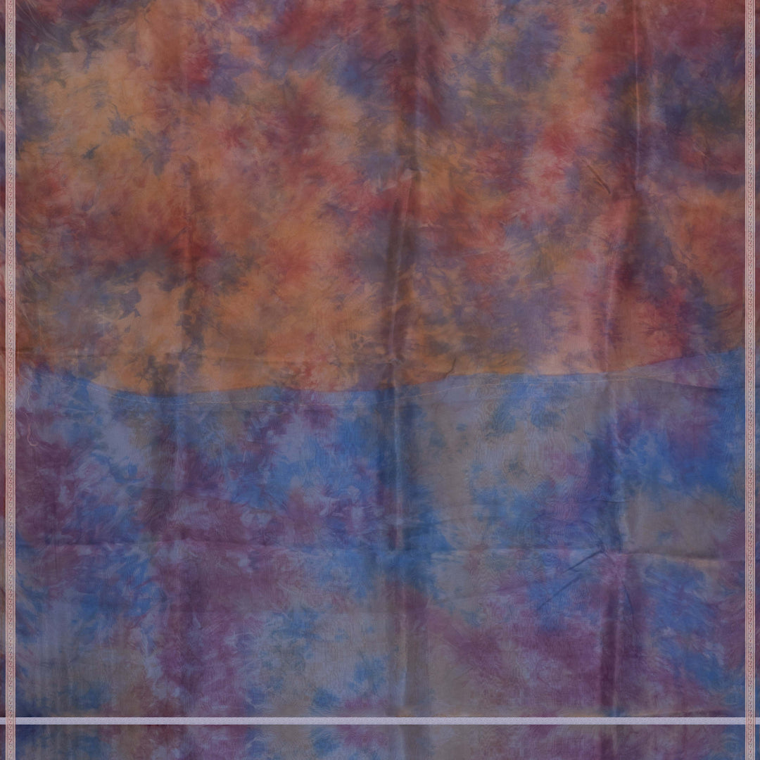Body closeup of Handwoven organza silk saree in sky blue with multicolour abstract strokes.