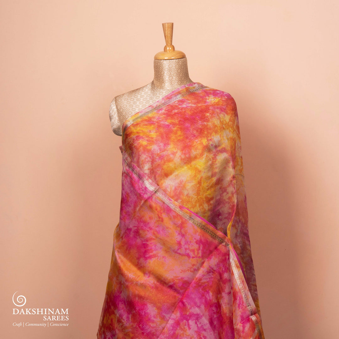 Full view of a Handwoven multicolour organza silk saree.