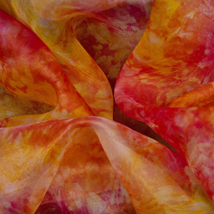 Closeup of Handwoven multicolour organza silk saree with abstract motifs.