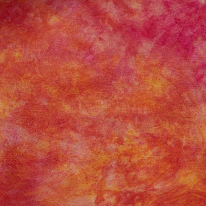  Closeup of Handwoven multicolour organza silk saree with abstract motifs.
