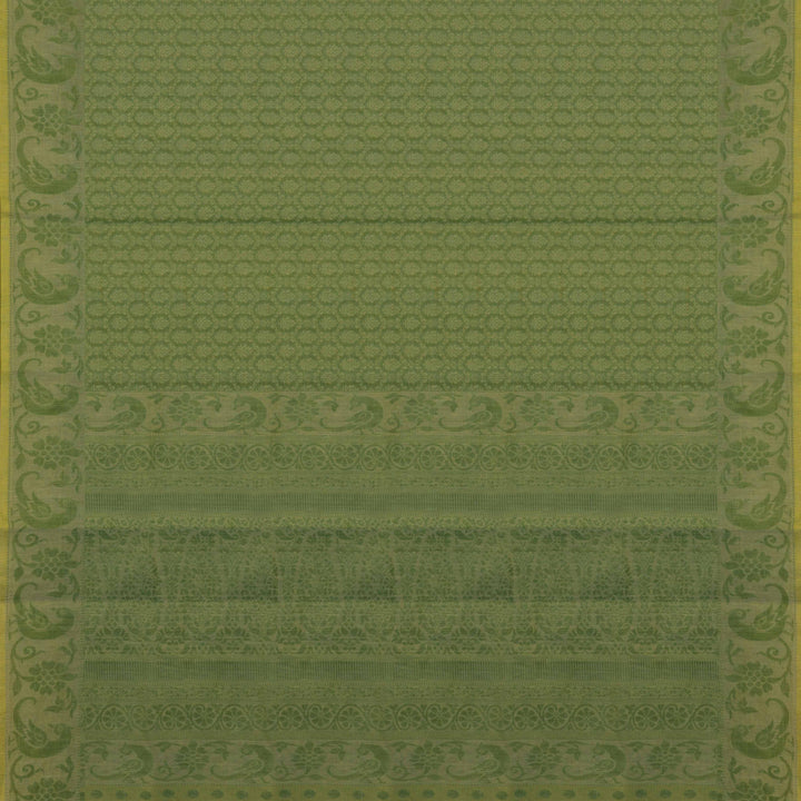Full body closeup view of a Handwoven green South cotton saree with parrots, floral vines, paisleys.