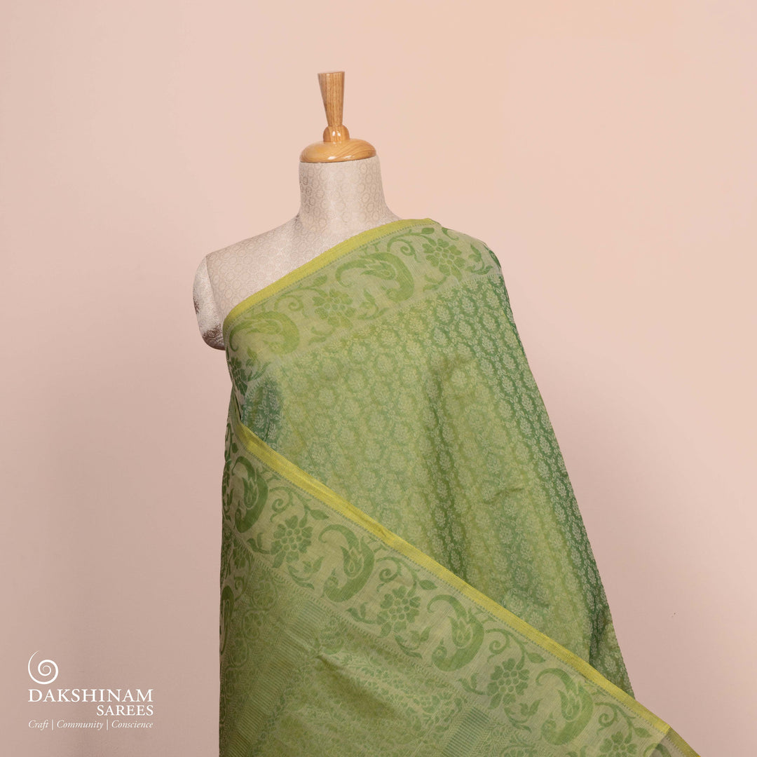 Full body view of a Handwoven green South cotton saree with parrots, floral vines, paisleys.