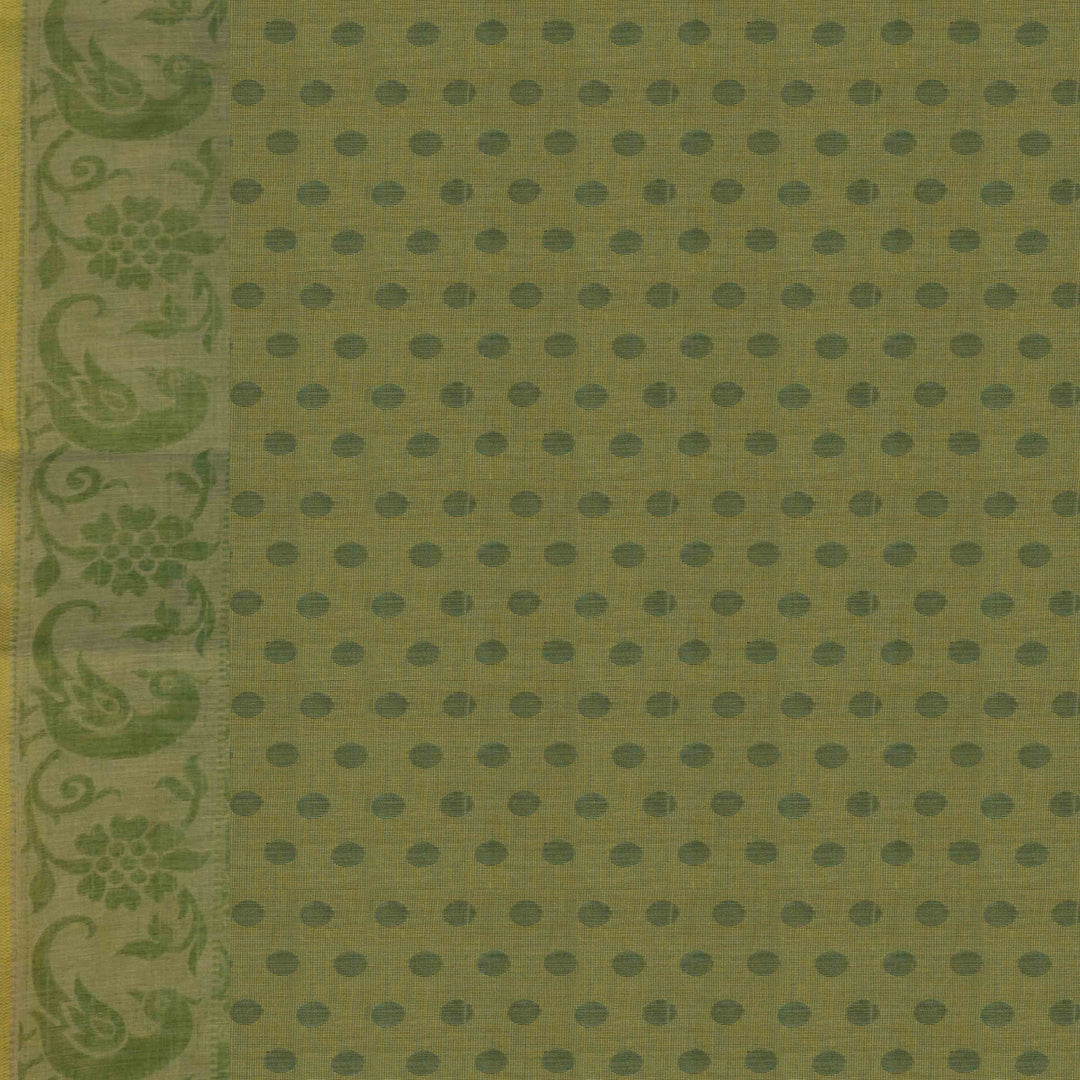 Blouse closeup view of a Handwoven green South cotton saree with parrots, floral vines, paisleys,monotone border and blouse0
