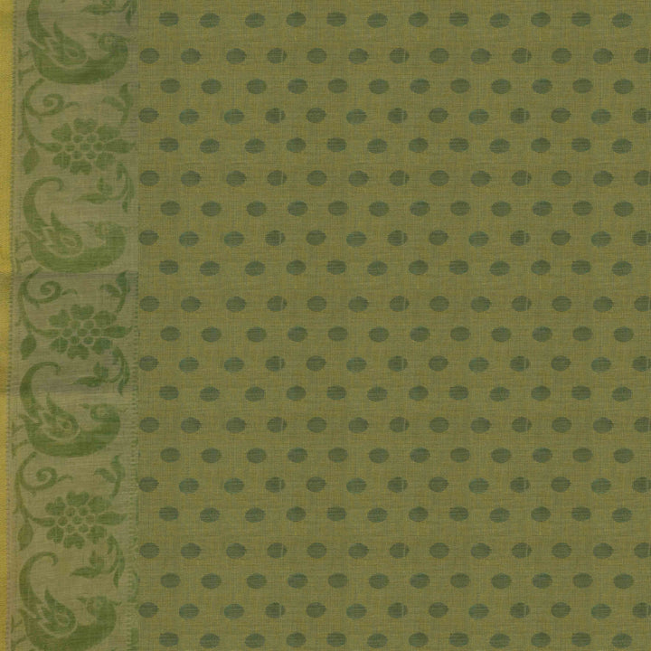 Blouse closeup view of a Handwoven green South cotton saree with parrots, floral vines, paisleys,monotone border and blouse0