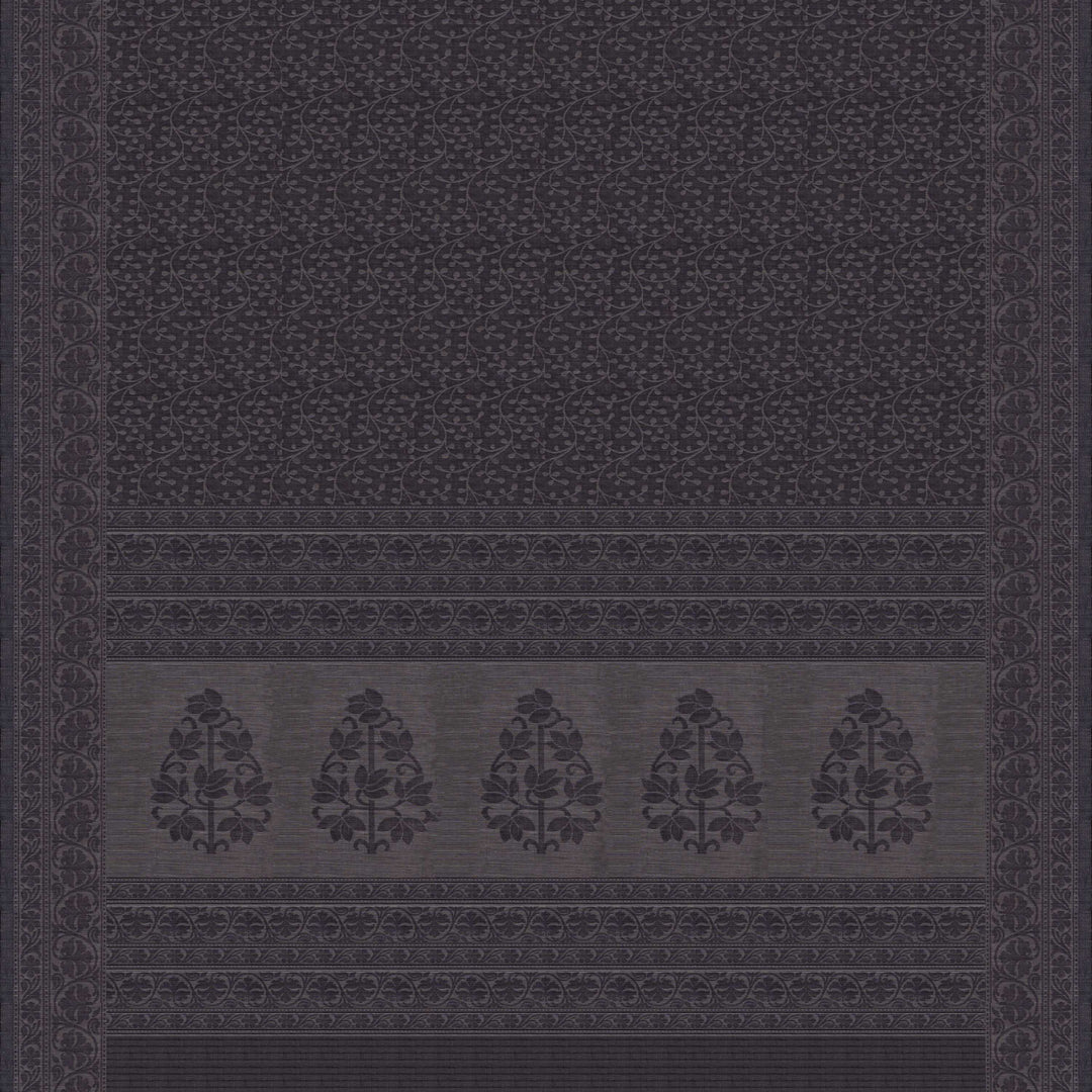 Full body closeup view of a Authentic grey South cotton saree with floral vines, stripes and plant motifs.