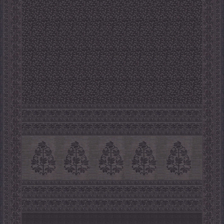 Full body closeup view of a Authentic grey South cotton saree with floral vines, stripes and plant motifs.