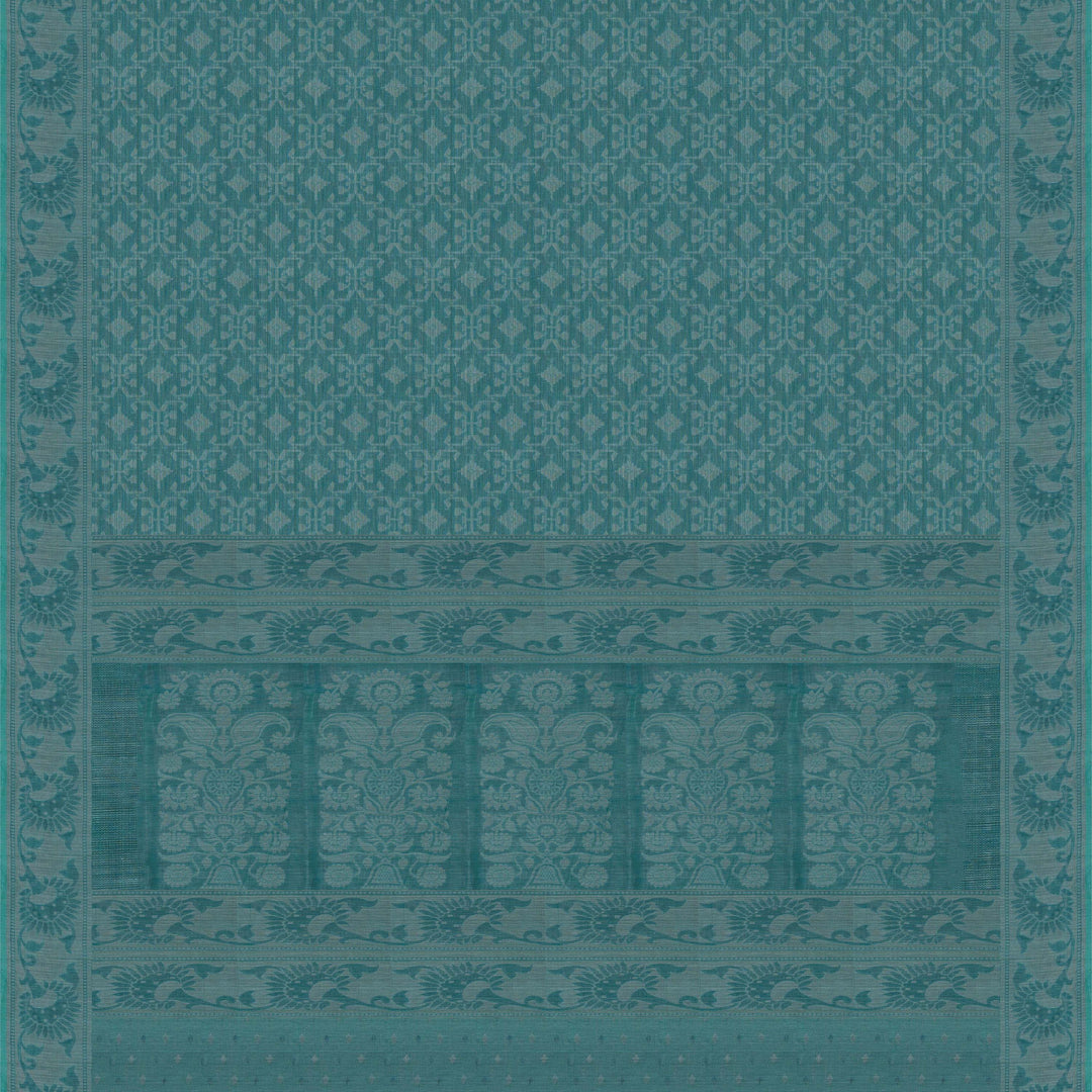Body Closeup view of a Handwoven aqua blue South cotton saree with diamond-shaped patterns.