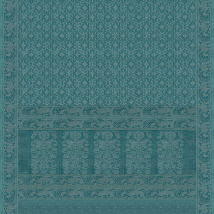 Body Closeup view of a Handwoven aqua blue South cotton saree with diamond-shaped patterns.