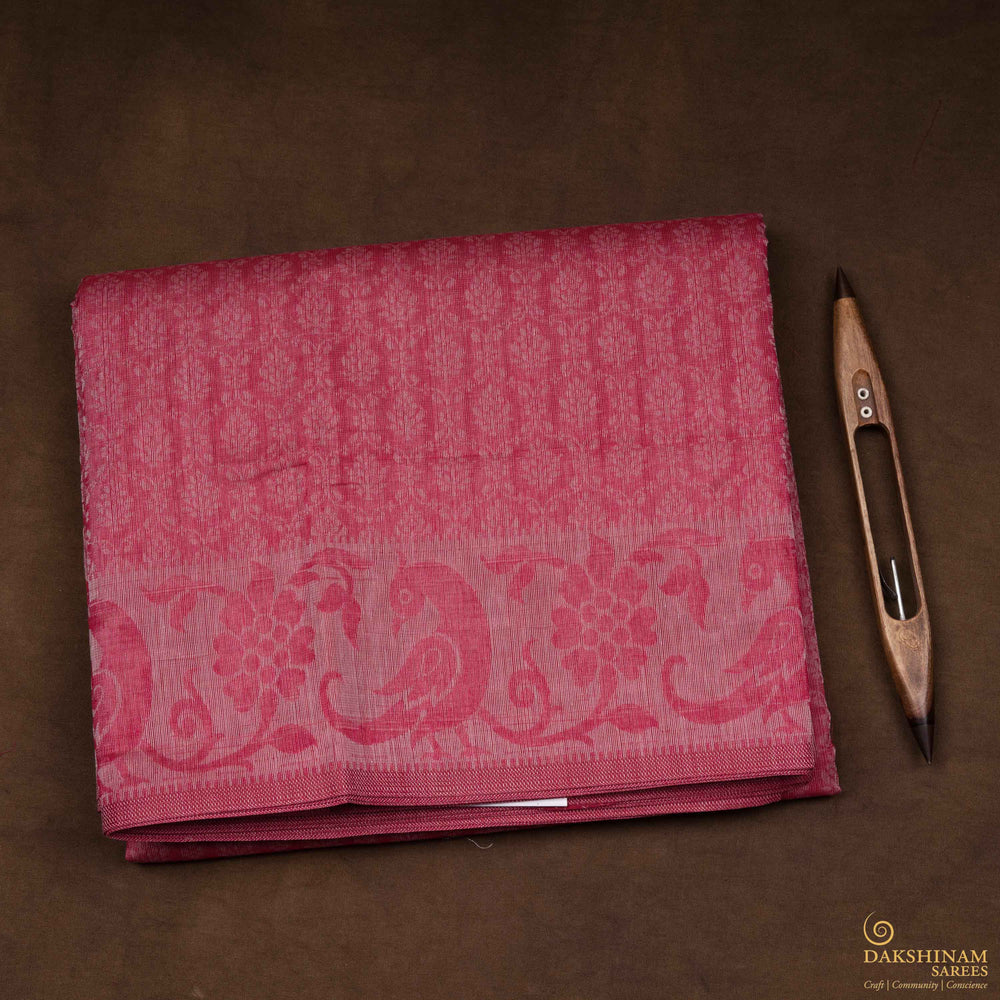 Full view of a Handwoven pink South cotton saree with parrots.