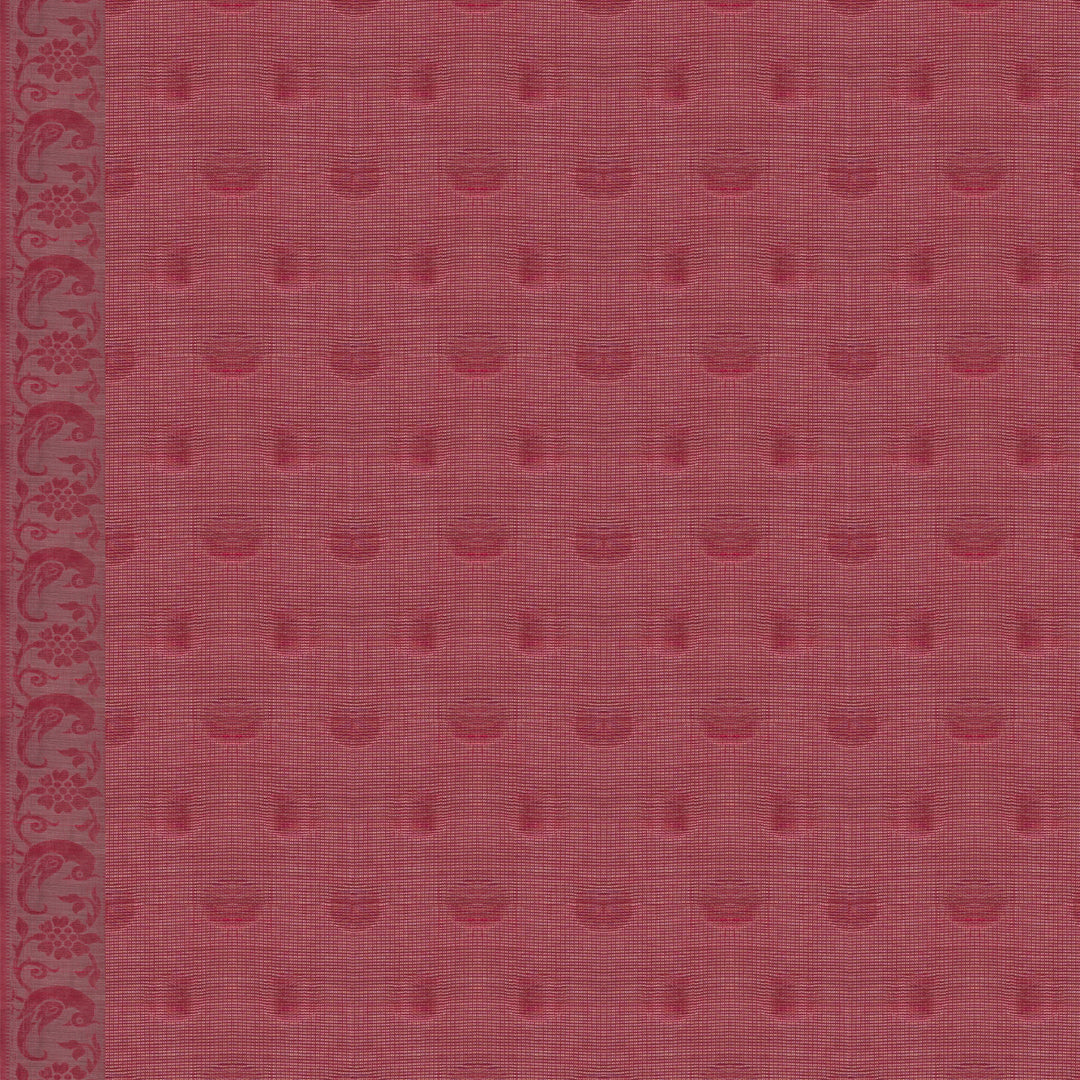 Blouse closeup of a Handwoven pink South cotton saree with parrots, floral vines, paisleys, chevrons, stripes and dotted motifs, monotone border.