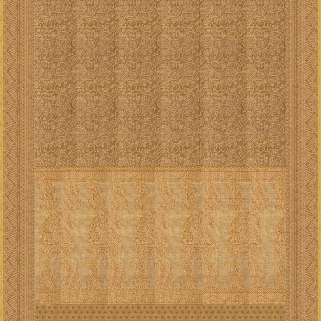 Body closeup of Handwoven rust yellow South cotton saree with floral vines.