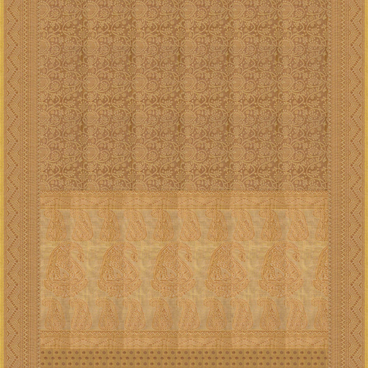 Body closeup of Handwoven rust yellow South cotton saree with floral vines.