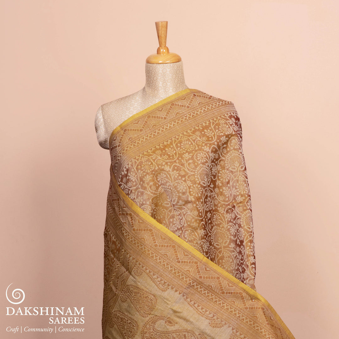 Full body view of Handwoven rust yellow South cotton saree.