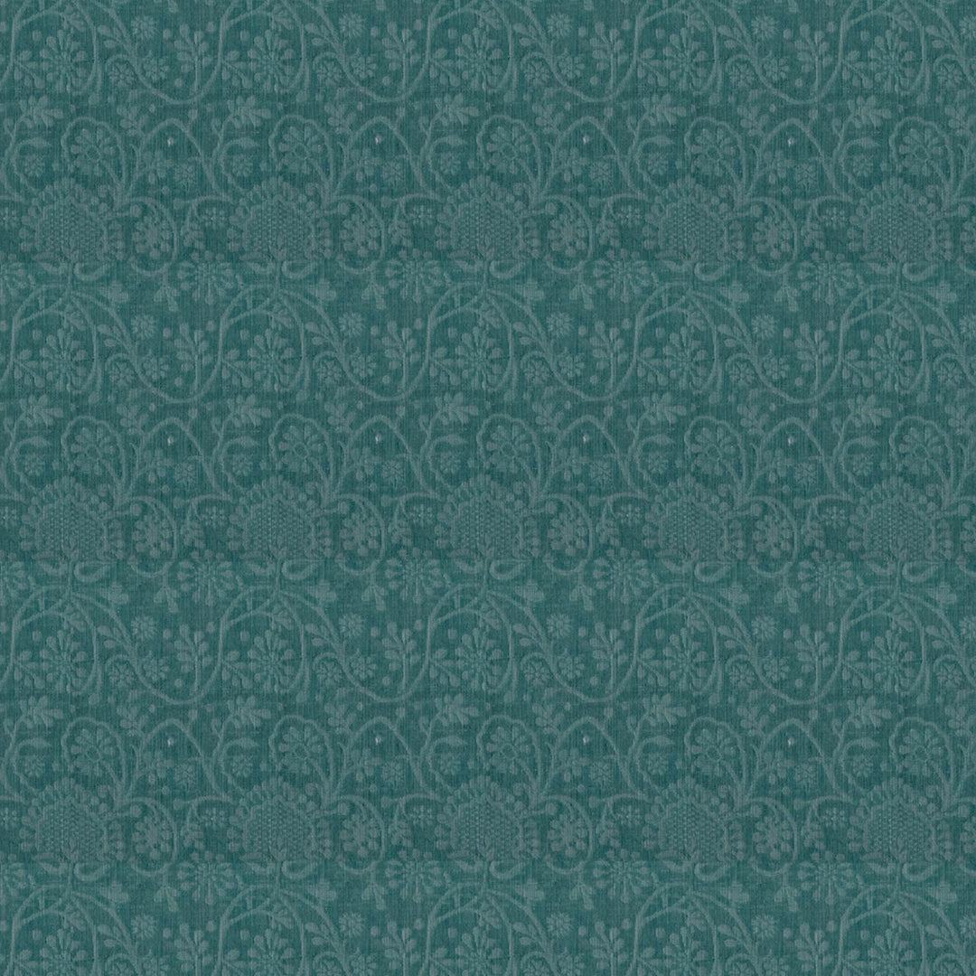 Closeup of a Authentic teal South cotton saree with floral vines.