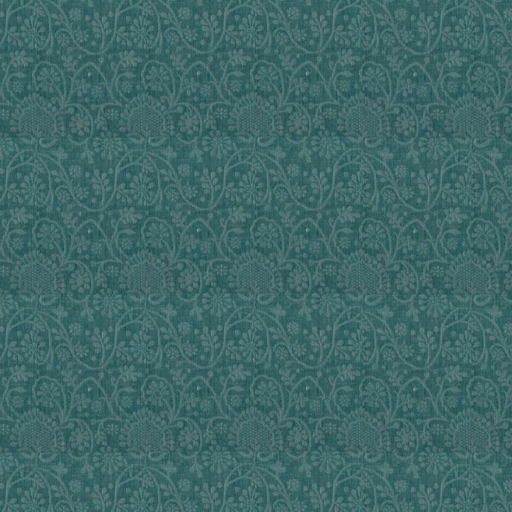Closeup of a Authentic teal South cotton saree with floral vines.