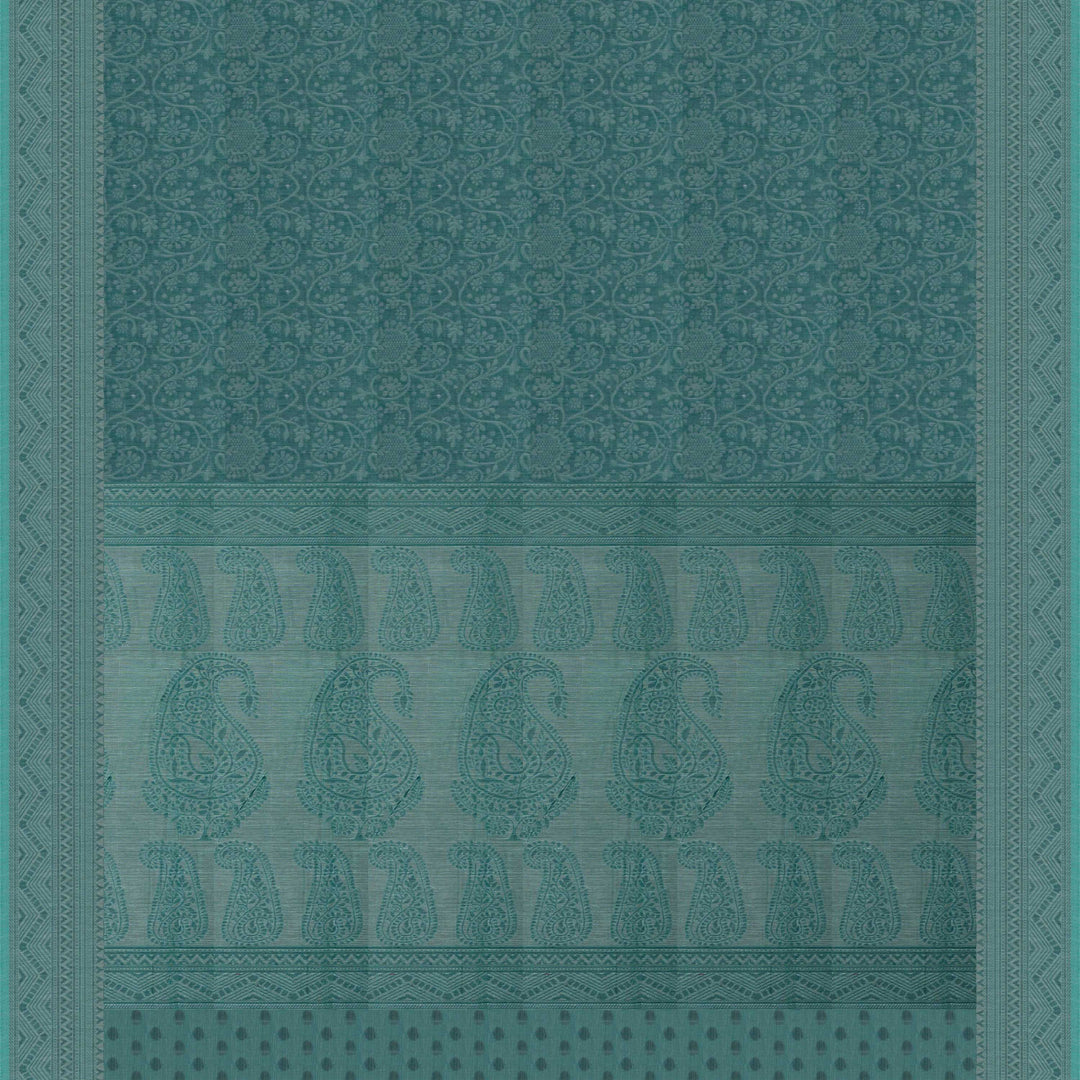 Full body Closeup view of a Authentic teal South cotton saree with floral vines, paisleys, chevron stripes and dotted motifs