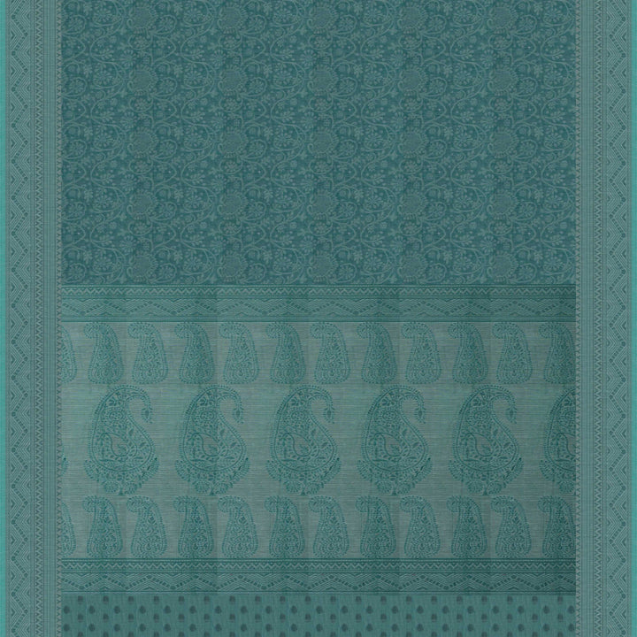 Full body Closeup view of a Authentic teal South cotton saree with floral vines, paisleys, chevron stripes and dotted motifs