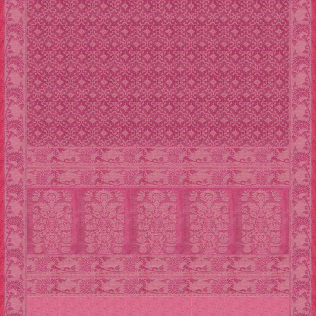 Body closeup of a Authentic pink South cotton saree with diamond patterns.