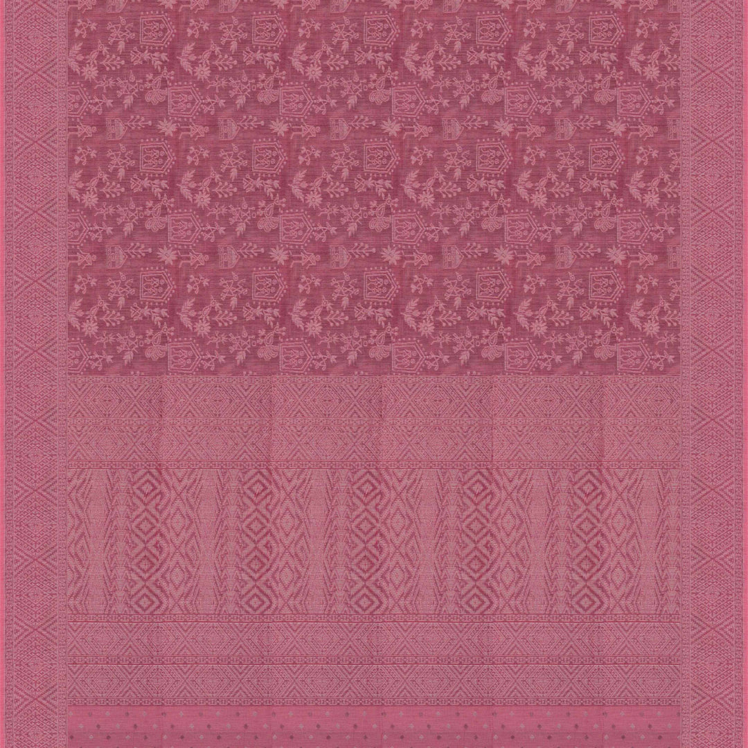 Body Closeup view of a Authentic pink South cotton saree with hut motifs.