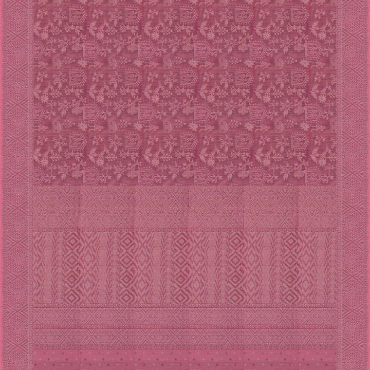 Body Closeup view of a Authentic pink South cotton saree with hut motifs.