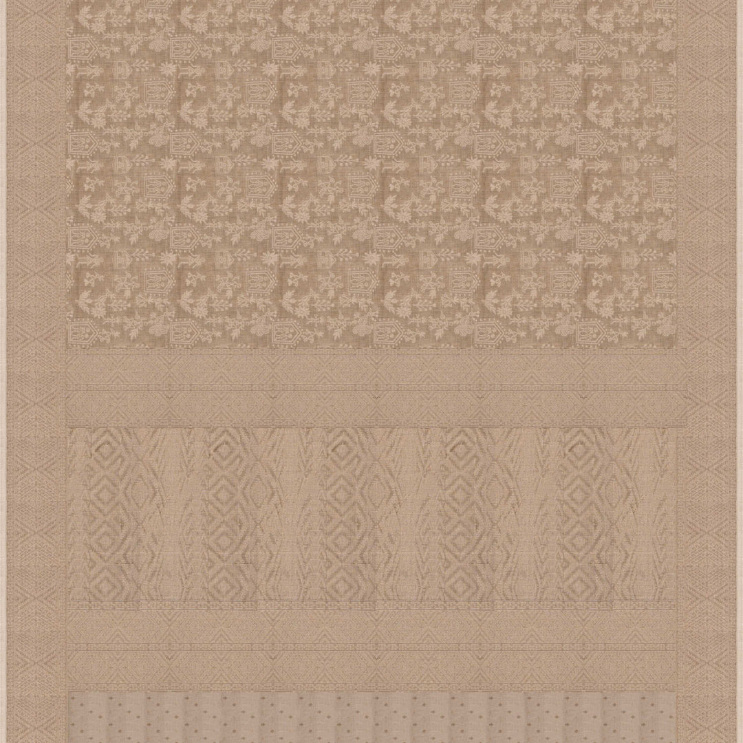Body pallu Closeup view of a Authentic beige South cotton saree with hut-shaped motifs, birds, diamond patterns, and stripes with monotone border.