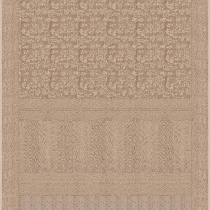 Body pallu Closeup view of a Authentic beige South cotton saree with hut-shaped motifs, birds, diamond patterns, and stripes with monotone border.