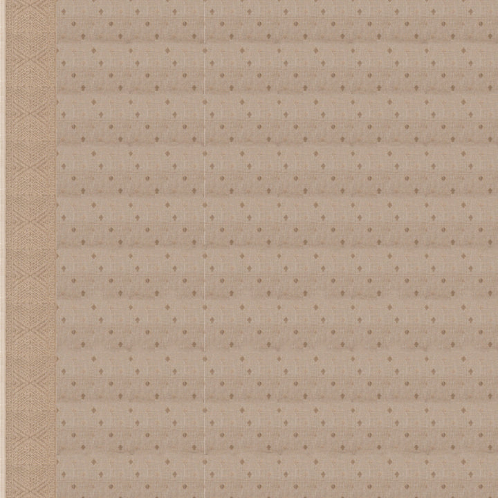 Blouse closeup of a Authentic beige South cotton saree with hut-shaped motifs, diamond patterns, and stripes with monotone border.
