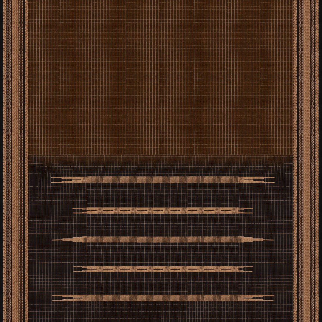 Body and Pallu closeup view of a Lightweight moss brown silk cotton saree with black gold zari border, checks, paisleys, temple and chevron motifs.