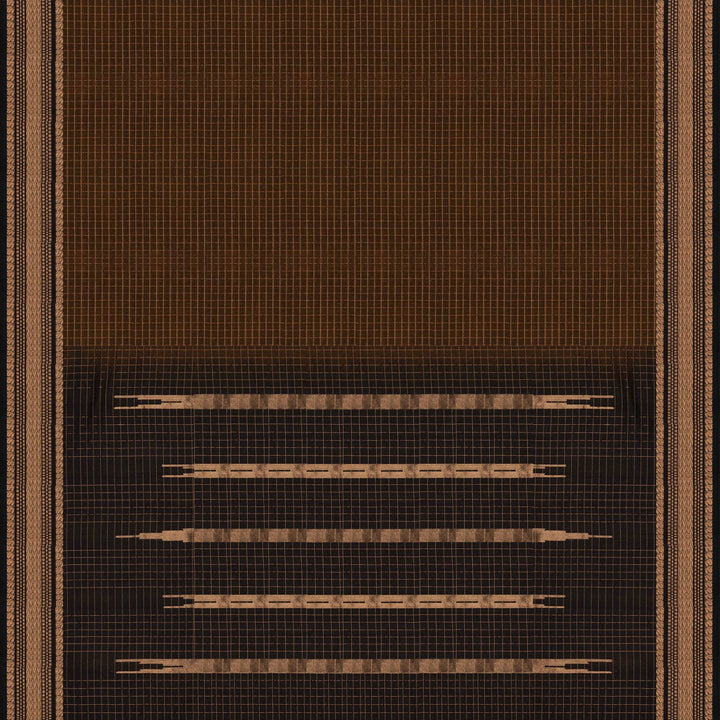 Body and Pallu closeup view of a Lightweight moss brown silk cotton saree with black gold zari border, checks, paisleys, temple and chevron motifs.