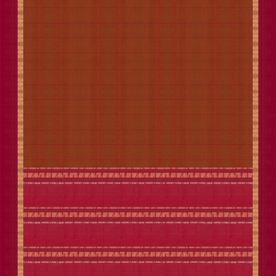 Body and Pallu closeup view of a Lightweight rust orange silk cotton saree with pink gold-silver zari border.