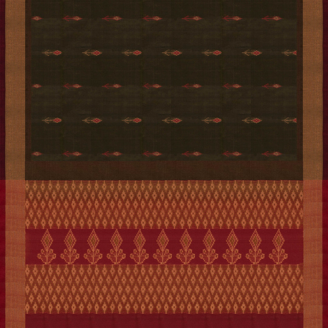 Body and Pallu closeup of a Lightweight grey silk cotton saree with maroon meenakari floral border.