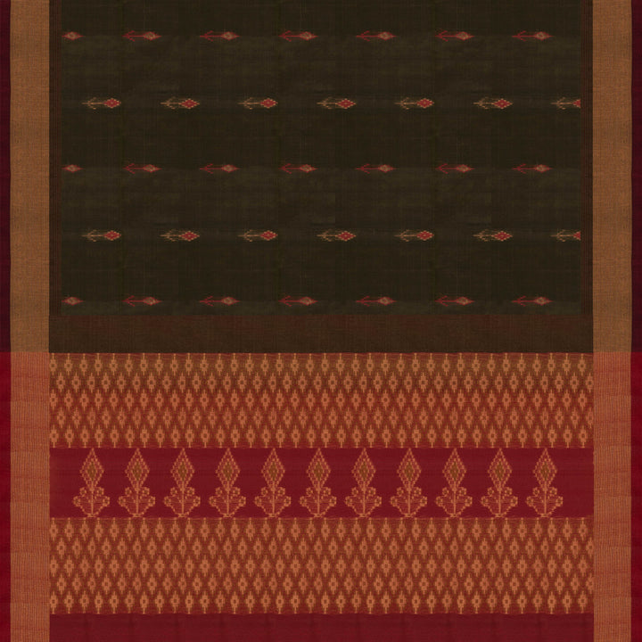 Body and Pallu closeup of a Lightweight grey silk cotton saree with maroon meenakari floral border.