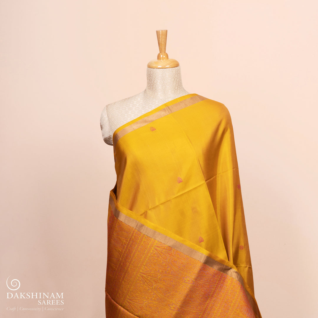 Pleats/body of Handwoven Yellow Soft silk Saree