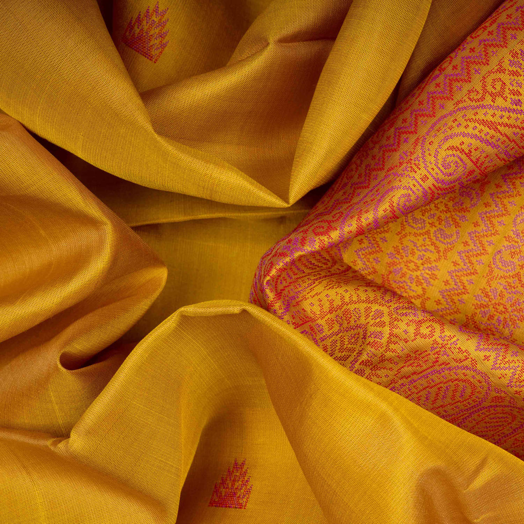 Closep of Handwoven Yellow Soft silk Saree