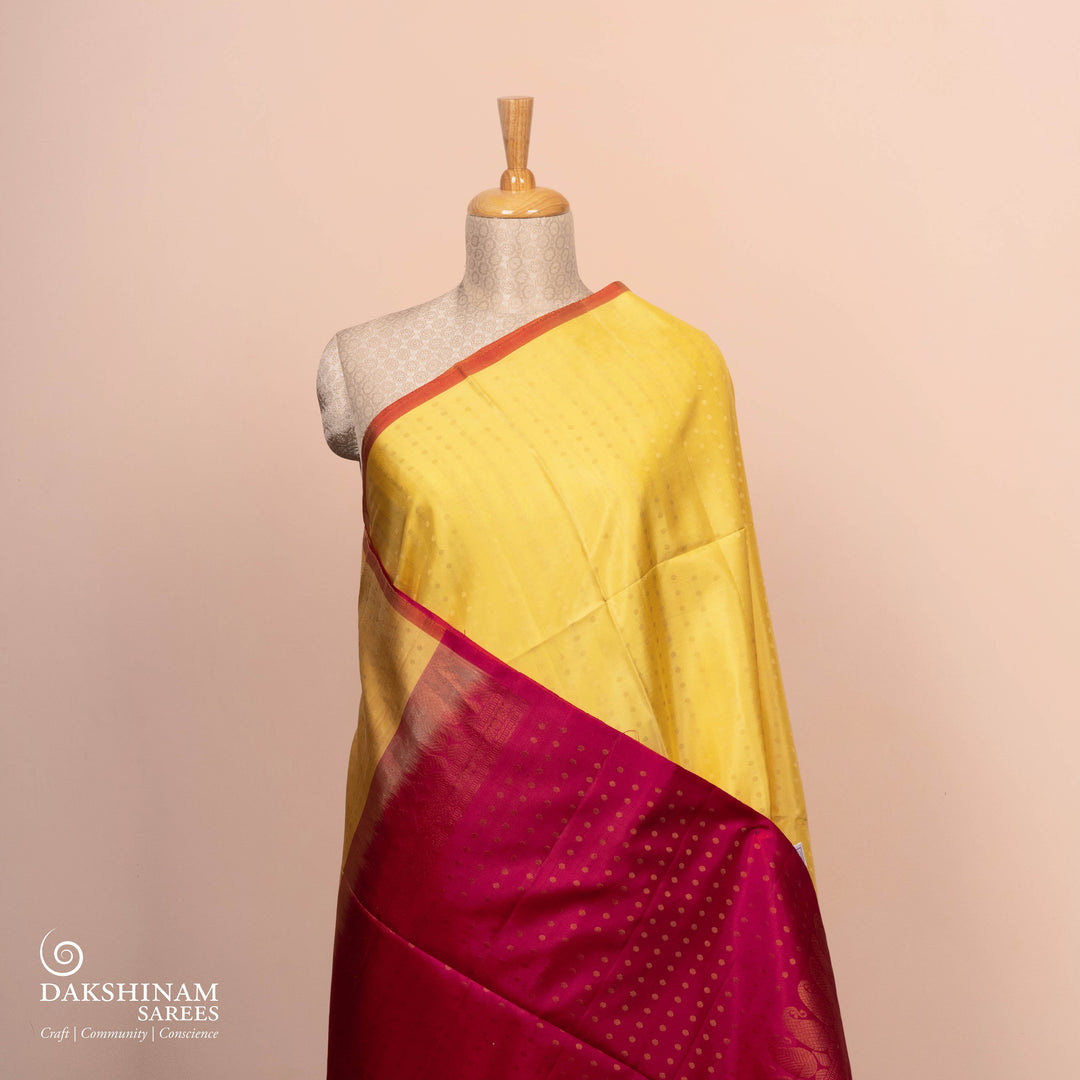 Pallu of Handwoven Yellow with dual toned reddis pink silk Saree