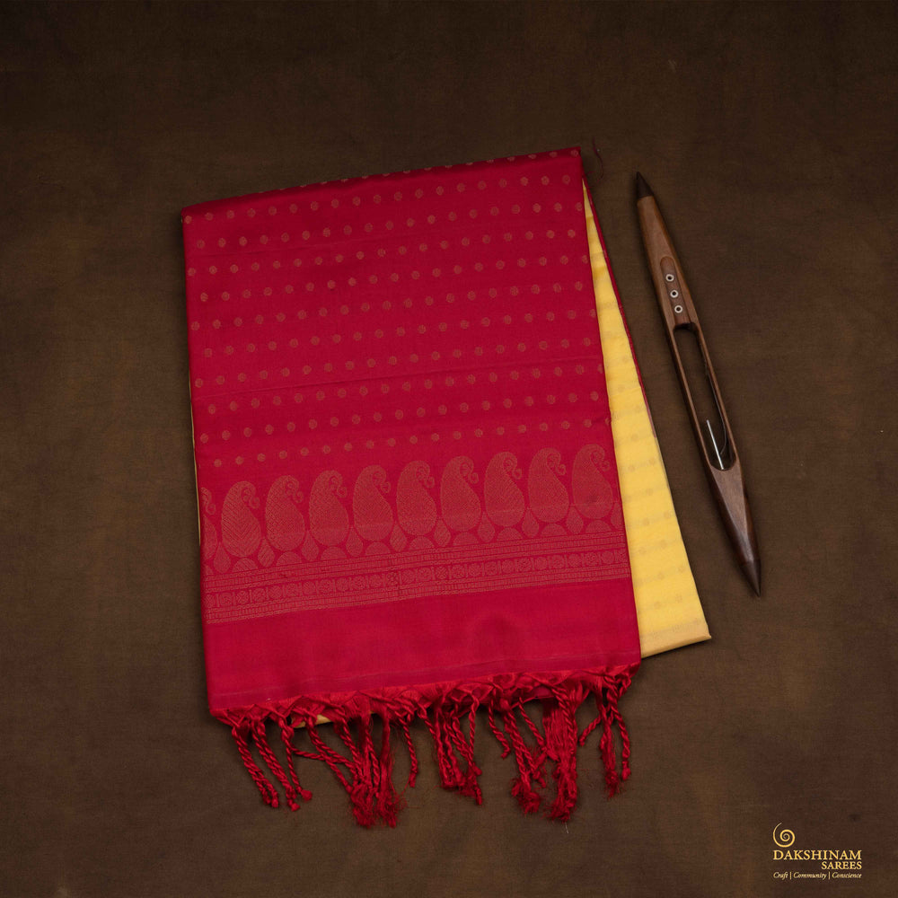 Folded Handwoven Yellow with dual toned reddis pink silk Saree