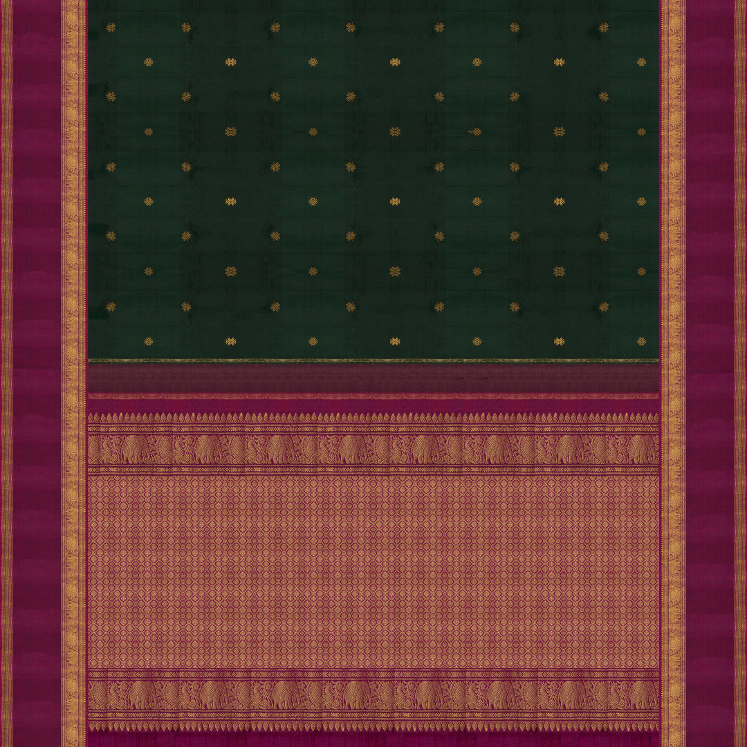 Pallu of Handwoven Bottle Green with purple Kanjivaram silk Saree