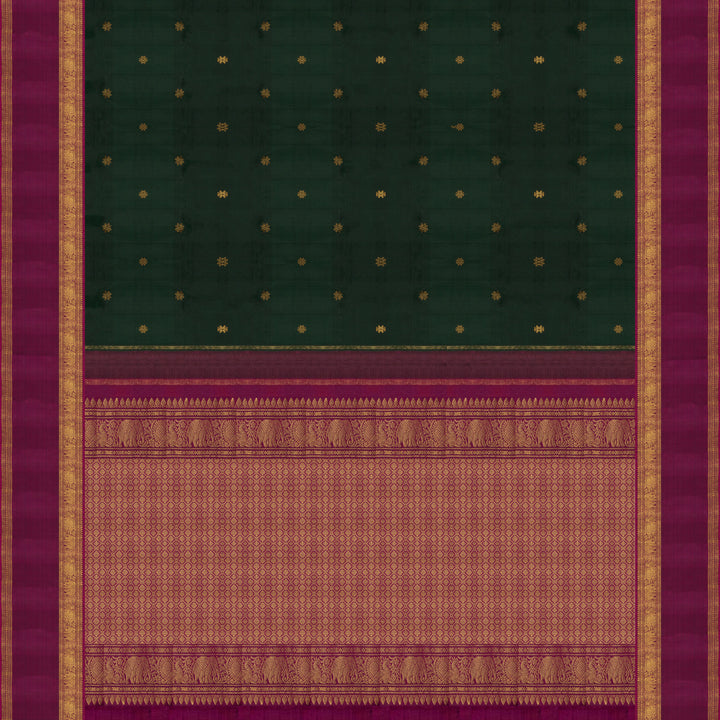 Pallu of Handwoven Bottle Green with purple Kanjivaram silk Saree
