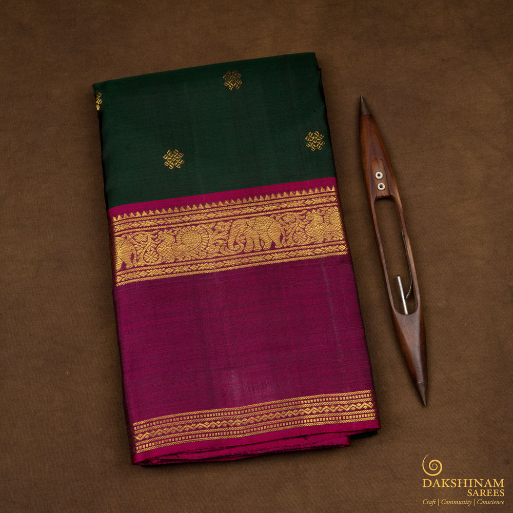 Folded  Handwoven Bottle Green with purple Kanjivaram silk Saree