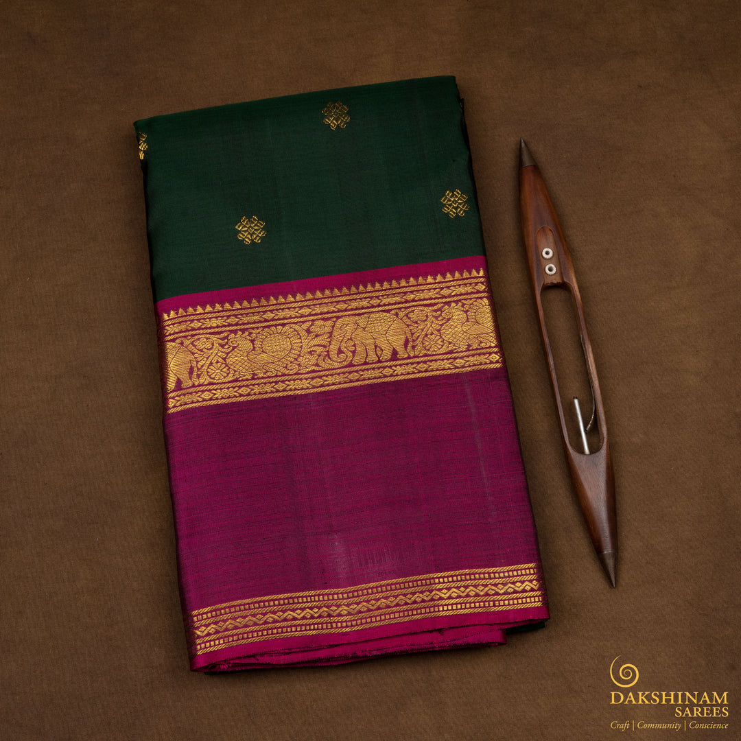 Folded  Handwoven Bottle Green with purple Kanjivaram silk Saree