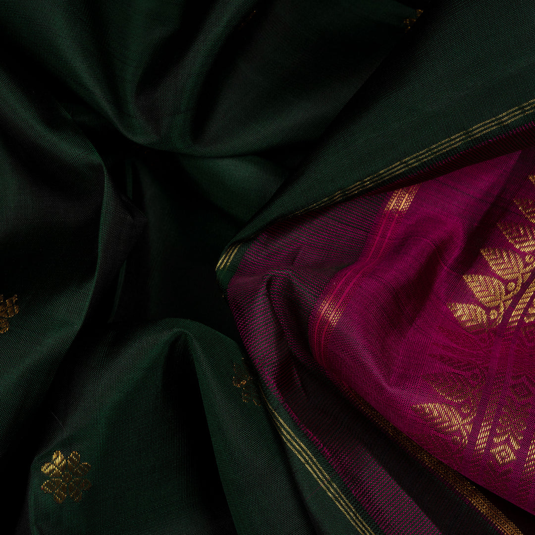 Closep of  Handwoven Bottle Green with purple Kanjivaram silk Saree