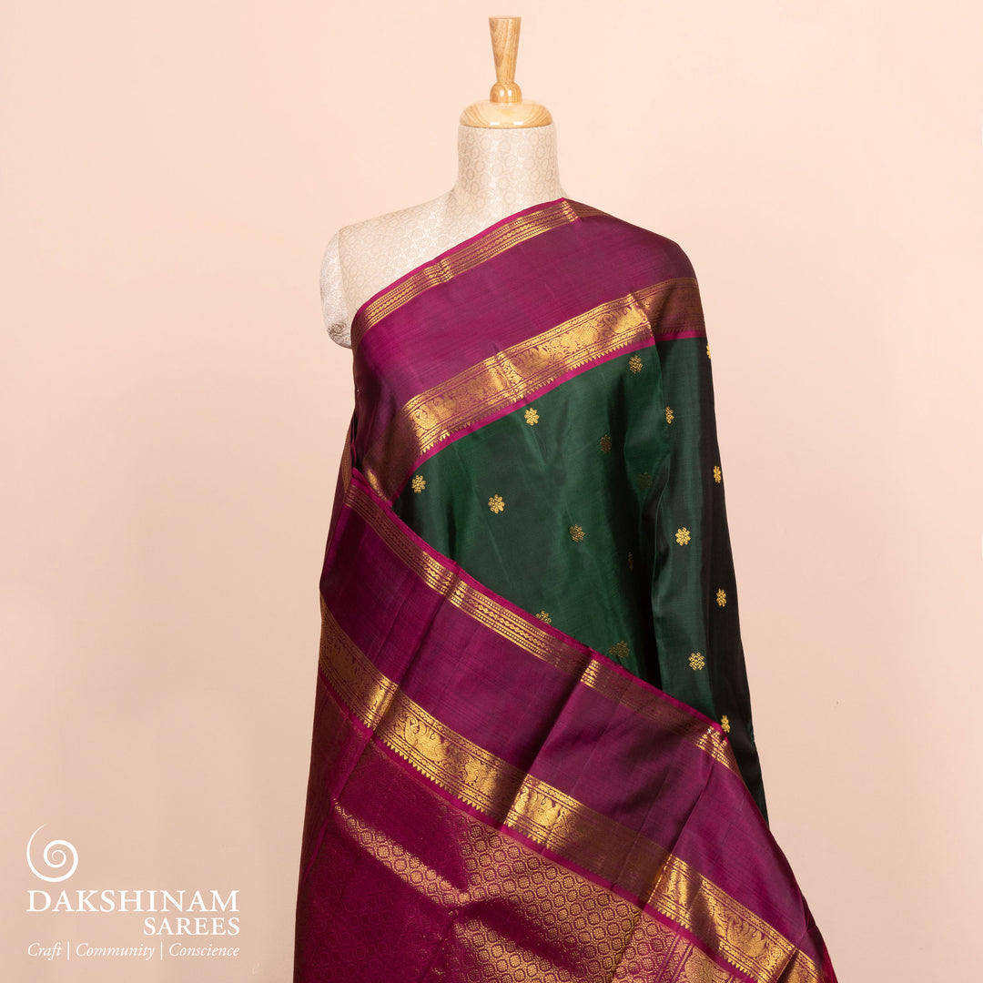 Pleats/body of  Handwoven Bottle Green with purple Kanjivaram silk Saree