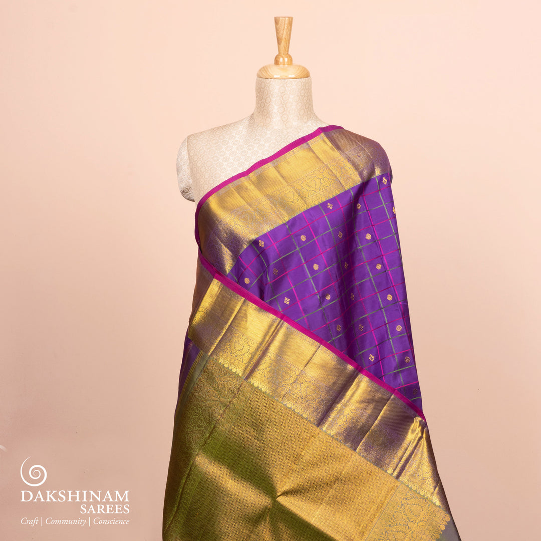 Pleats/body of Handwoven Purple with Magenta Kanjivaram silk Saree