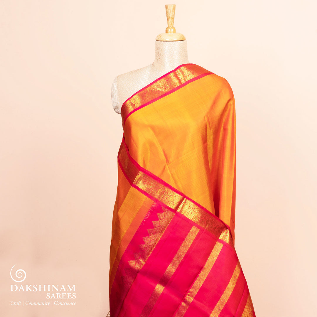 Pleats/body of Handwoven Orange with pink Kanjivaram silk Saree