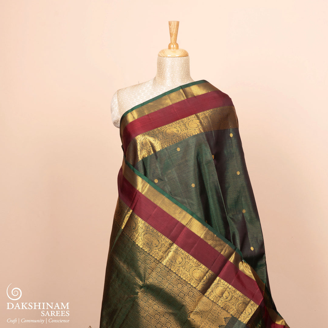 Pleats/body of Handwoven Green with maroon Kanjivaram silk Saree