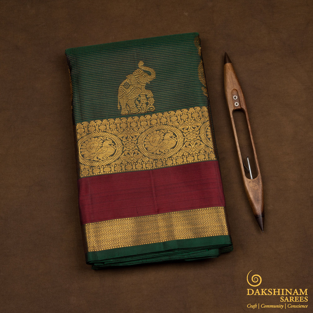 Folded Handwoven Green with maroon Kanjivaram silk Saree