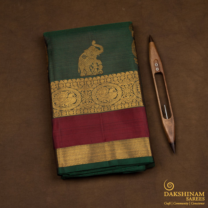 Folded Handwoven Green with maroon Kanjivaram silk Saree