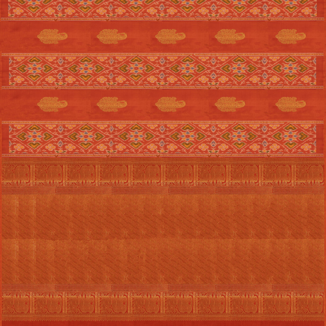 Pallu of Handwoven Orange borderless Ikat Kanjivaram silk Saree