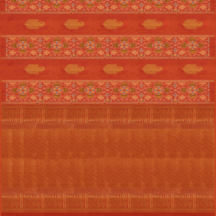 Pallu of Handwoven Orange borderless Ikat Kanjivaram silk Saree