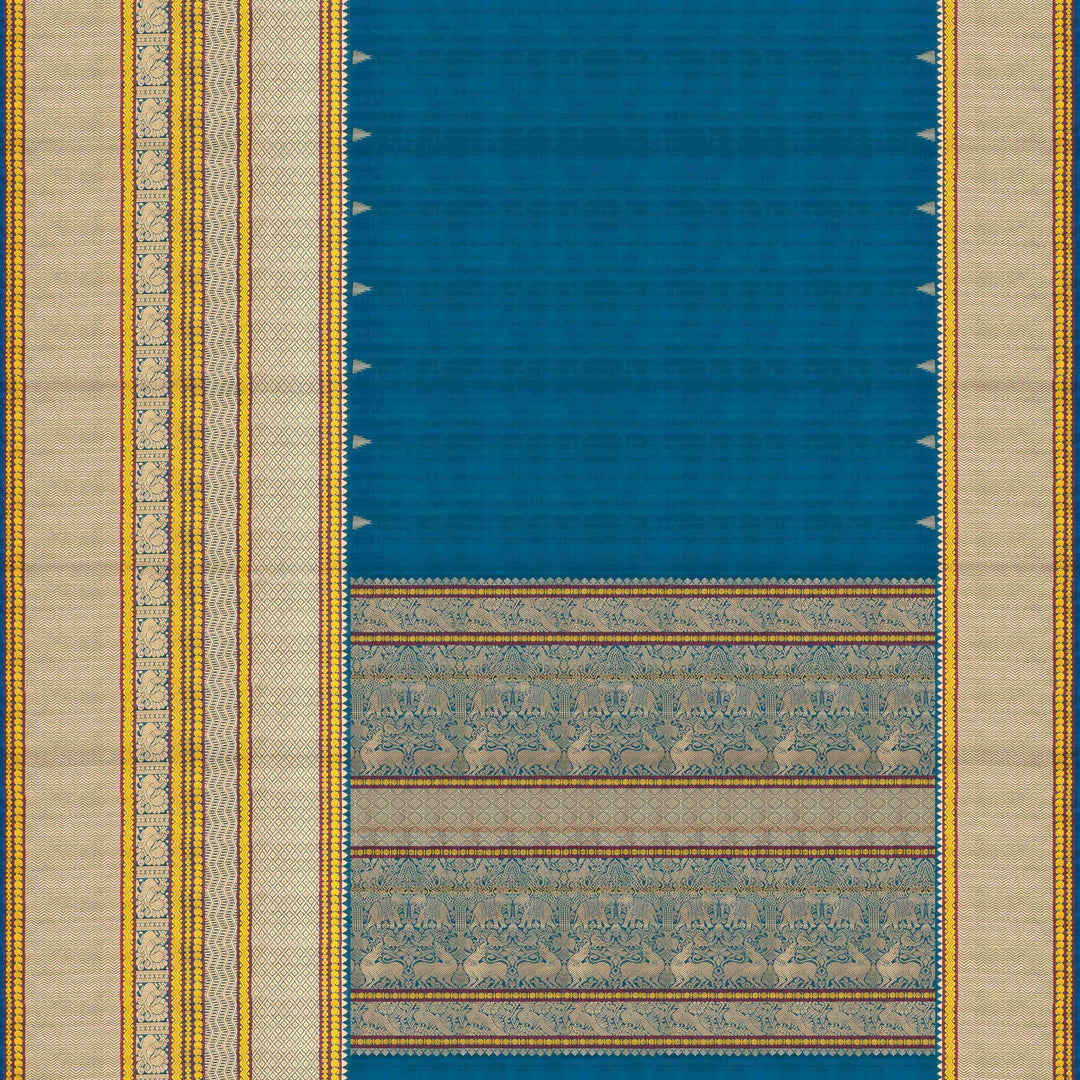 Body Closeup view of a Blue plain Kanjivaram silk saree with threadwork motifs.